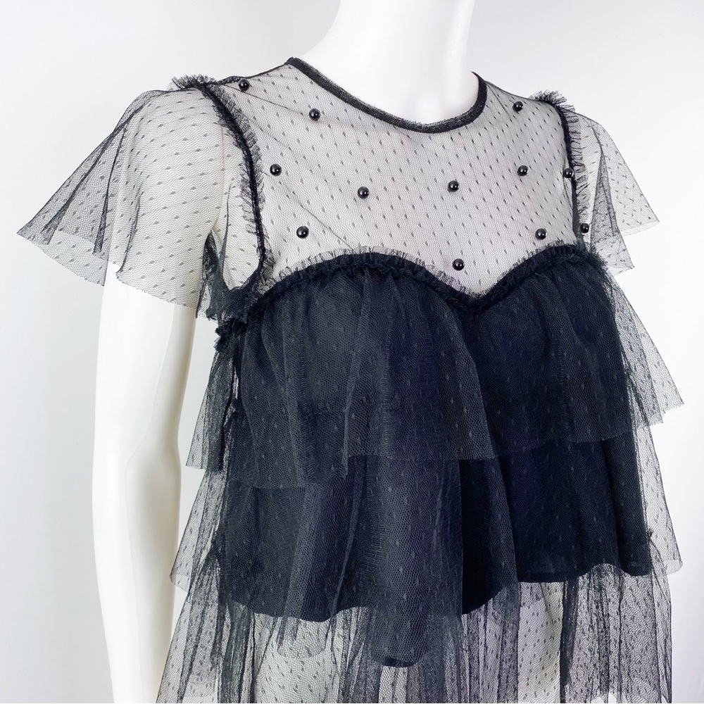 Zara Women's Black Sheer Mesh Lace Layered Short Sleeve Ruffle Top Size XS - Picture 2 of 9